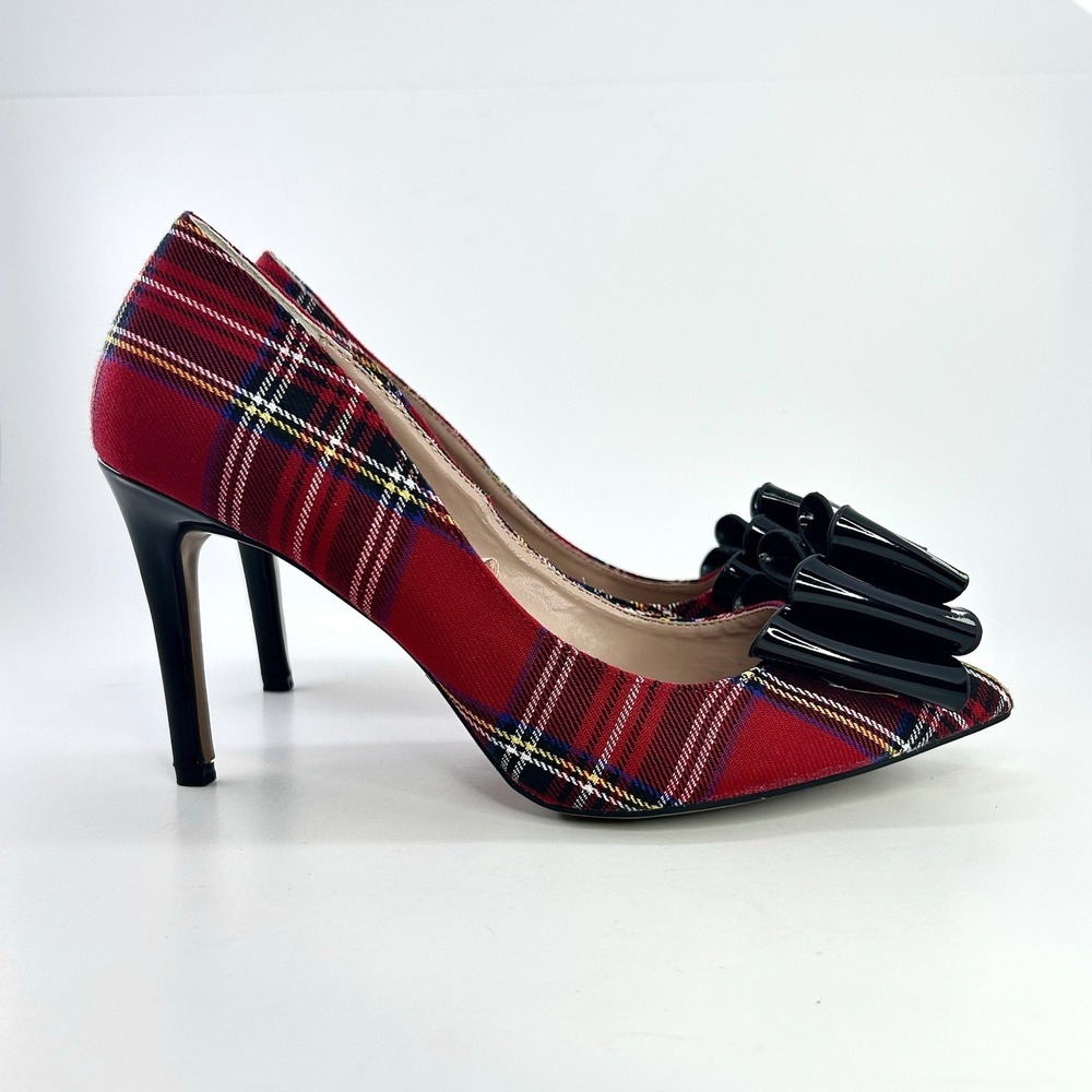 Betsey Johnson Bret Pumps 7 Red Tartan Plaid Black Bow Stiletto Cocktail Heels - Picture 7 of 12
